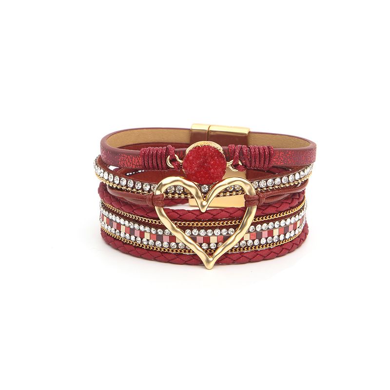 Bohemian Multi-layer Leather Handwoven Gold Big Love Ladies Bracelet_voghion.com