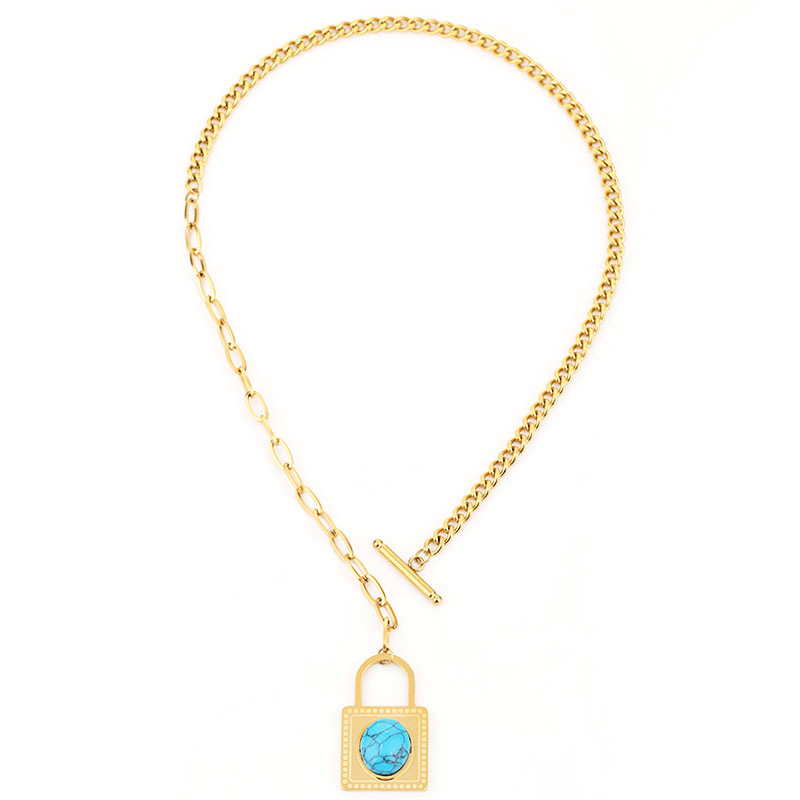 Gute, nuovo design alla moda, collana con lucchetto turchese blu, bracciale in acciaio al titanio, set di quattro gioielli resistenti alla luce_voghion.com