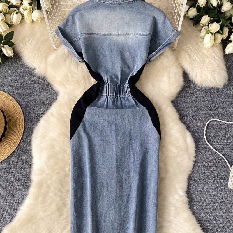 Kadın Giyim Retro ulusal trend tarzı kot elbise kadınlar için retro nakış bel inceltici yırtmaç kalça sarma moda_voghion.com