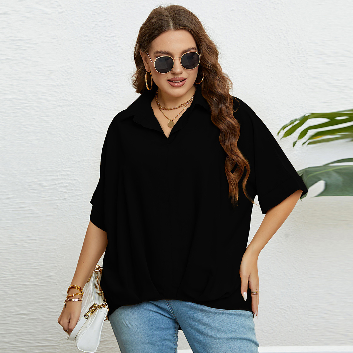 Topuri pentru femei, cu decolteu în V, slim fit și mâneci în cinci puncte, mărimi mari_voghion.com