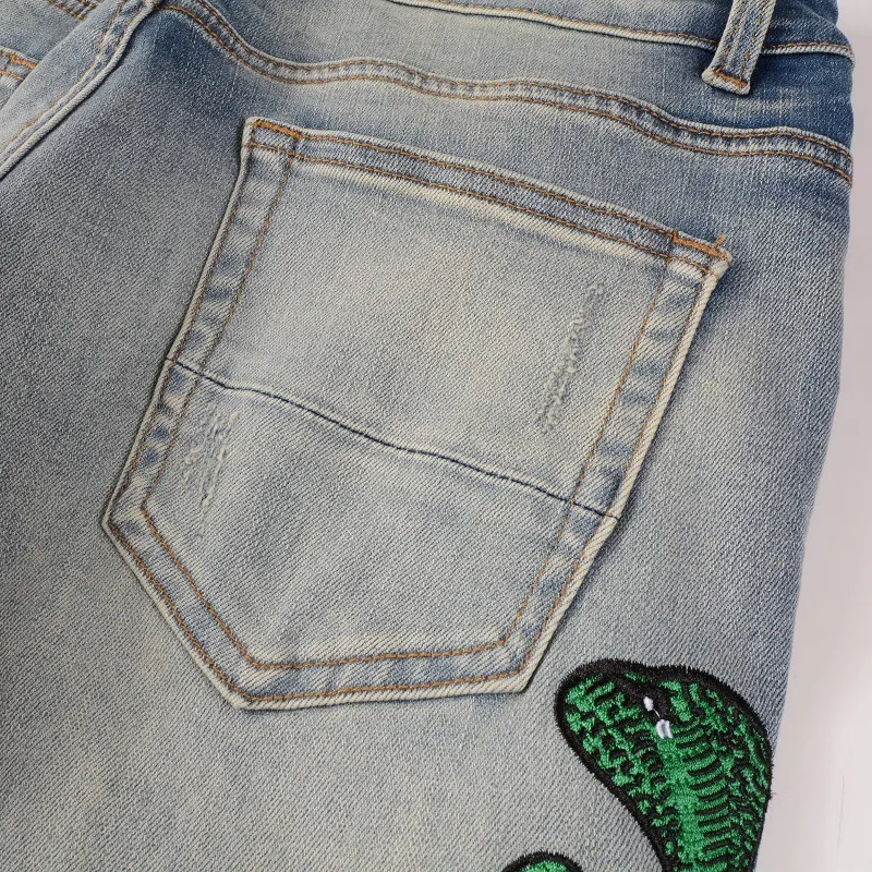 Men's Jeans Light Blue Embroidered Snake Patchwork High Street Stretch Distressed Slim Fit Ripped Men_mkmklike.com