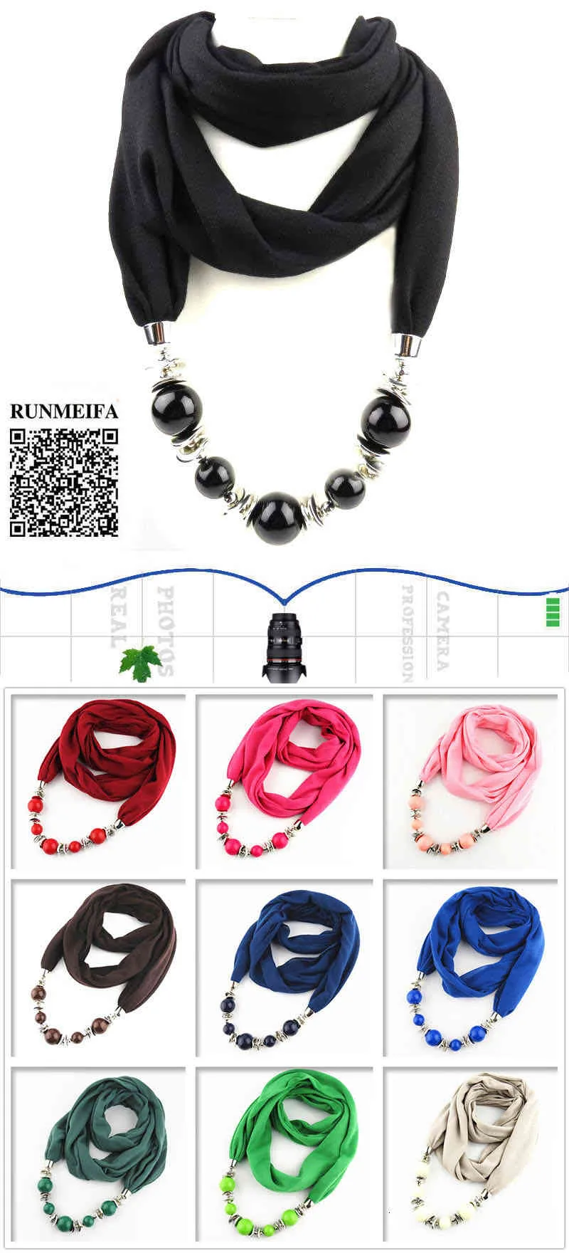 Sciarpa da donna, sciarpa con scialle, collana con ciondolo con perline, sciarpa etnica in chiffon tinta unita, con nappa_voghion.com