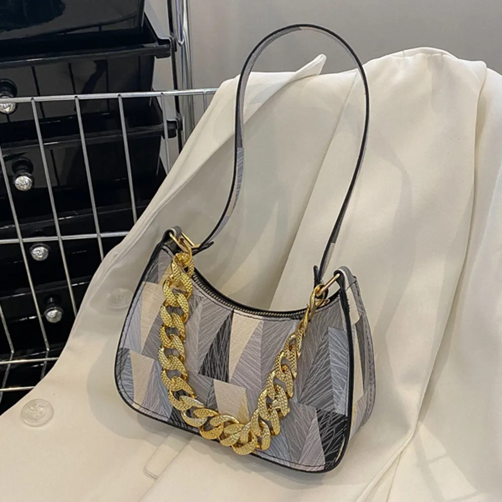 Borsa a tracolla da donna in pelle PU con tracolla spessa, stampa triangolare colorata, elegante e alla moda per i viaggi._voghion.com