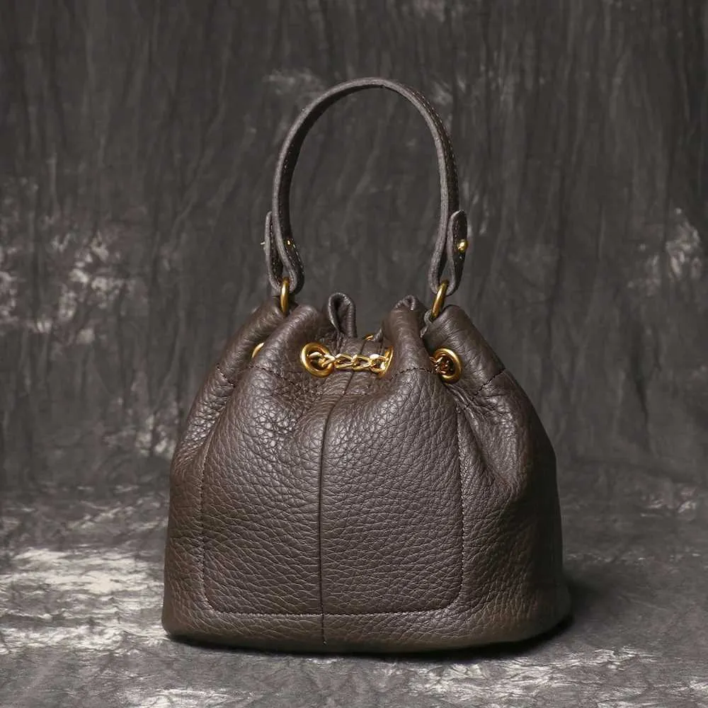 LUOKIR Nuovo Metallo Drstring Versatile Borsa da Donna Vera Pelle Catena Tracolla Vintage Secchiello Borsa Cellulare_voghion.com