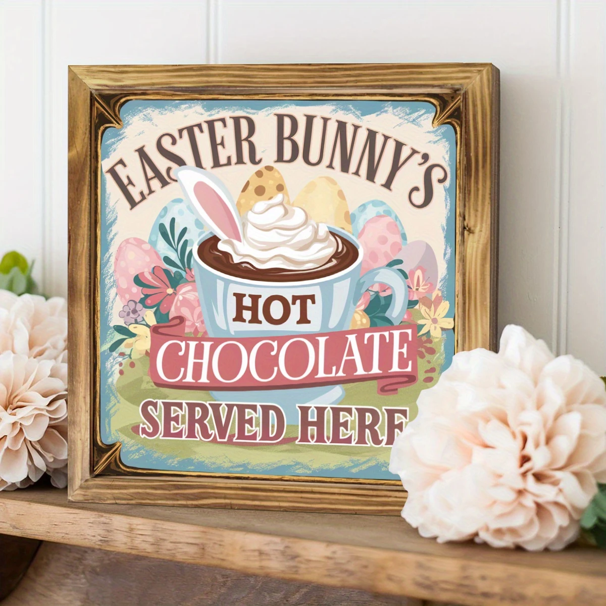 Rustic Easter Bunny Hot Chocolate Sign - 8x8" Farmhouse Wall Art. Perfect For Kitchen, Bedroom Or As A Charming Housewarming Gift._voghion.com