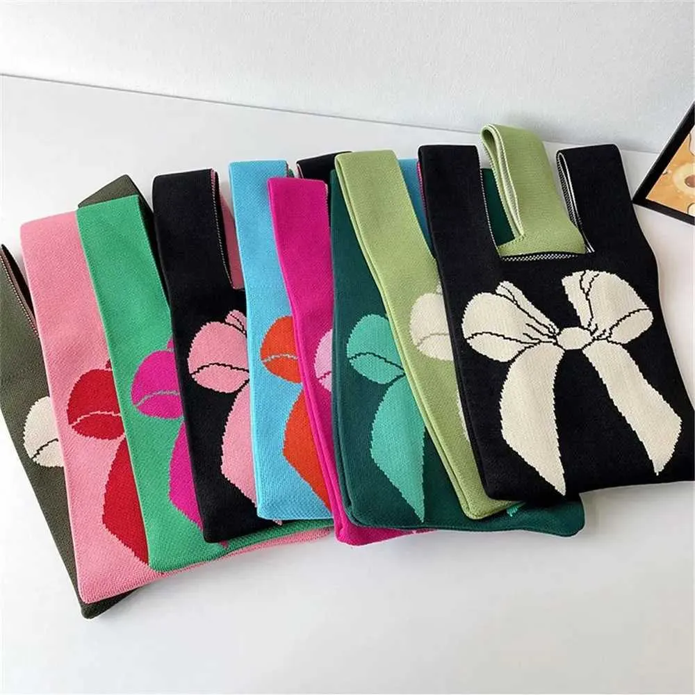 Reusable womens knitted casual handmade wrist knot handbags bows shopping bags outdoor ragtag accessories Y241106_voghion.com