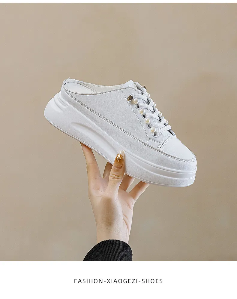 Genuine Leather Thick Soled Round Toe Half Slippers Heelless Lazy Casual And Fashionable Women Small White Shoes_voghion.com