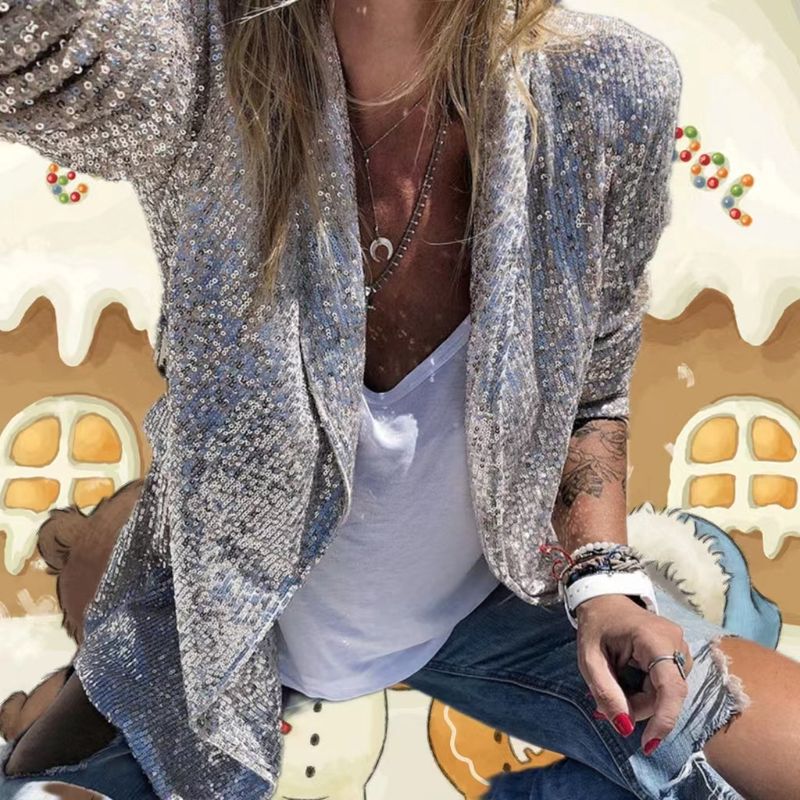 Damenbekleidung neuer heißer Stil, elegante einfarbige Slim Fit-Freizeit-Pailletten-Kleinanzugjacke für Damen_voghion.com