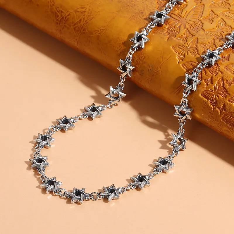 Catene S Sterling Sier Collana Personalizzata Versione Coreana Catena Collare Stella a Sei Punte Moda Uomo Fatto Vecchio_voghion.com