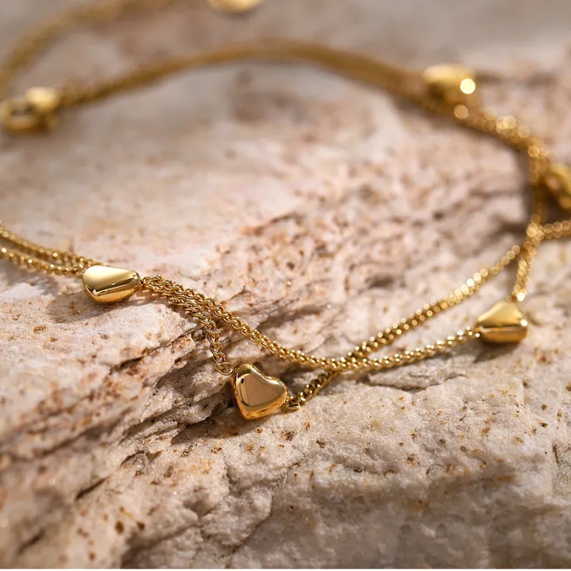 Gold Edelstahl Doppel-schicht Liebe Kleine Anhänger Fußkettchen für Frauen 2024 Sommer Neue Strand Shopping Party Schmuck Kostenloser_voghion.com