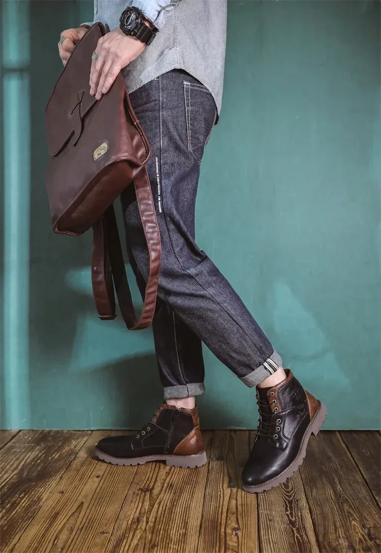 Bottines de travail en cuir marron pour homme, faites à la main, pour l'automne et l'hiver, style vintage, en tendon de bœuf, 240830_voghion.com