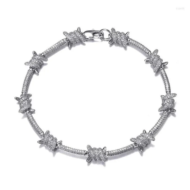 Barbed Wire Link Bracelet With Zircon Stones In White Gold Tone_voghion.com