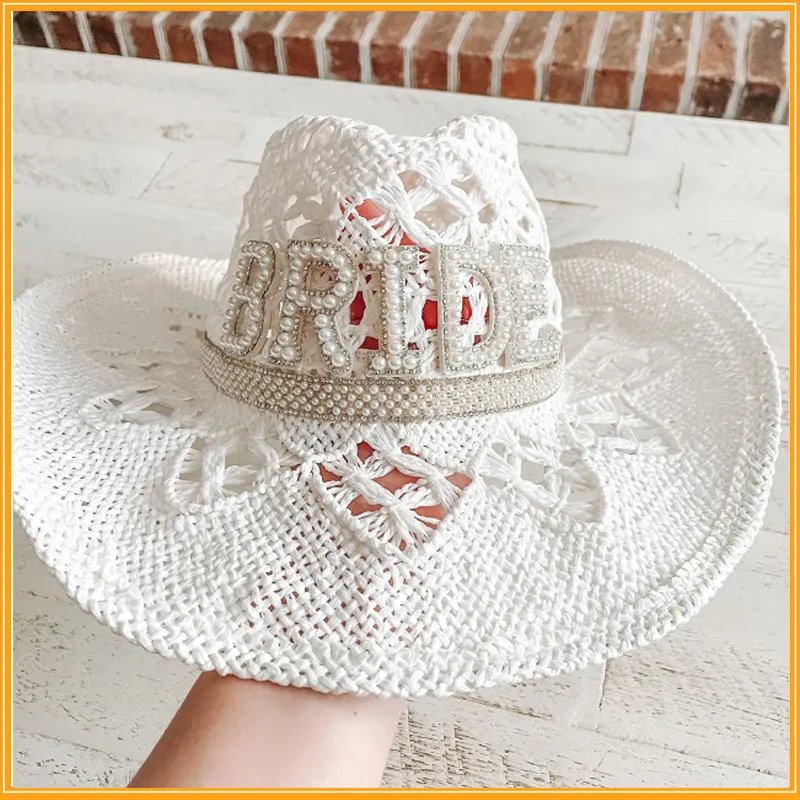 Chapeaux à large bord blanc Dia Fringe Bride Cowgirl Hat Mme Cowboy Bridesmaid Gift Bridal Summer Country Western HatWide_voghion.com