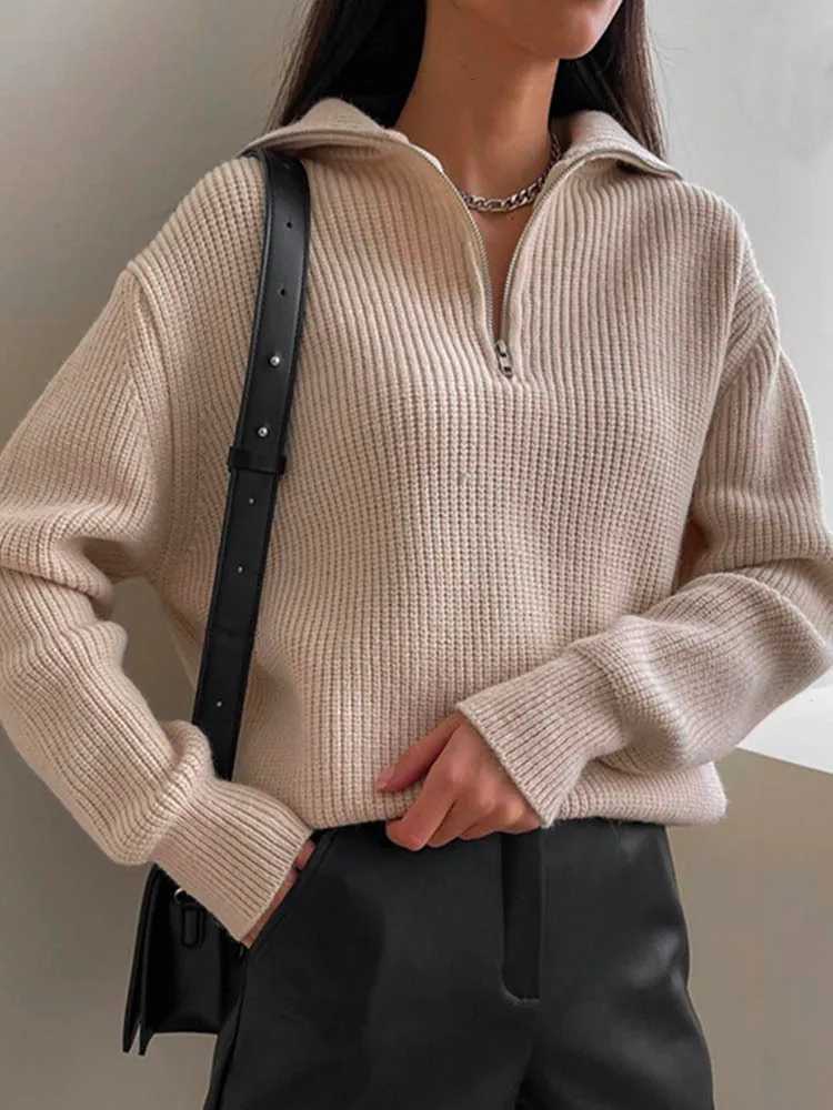 Damen Reißverschluss Stehkragen Modischer einfarbiger lockerer Pullover Damen lässig gestrickt Langarmpullover Winter_voghion.com