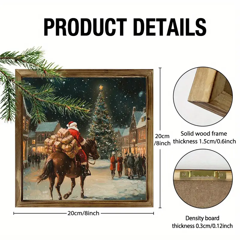 Tablou de perete din lemn cu Moș Crăciun cowboy de 20x20 cm - Moș Crăciun festiv din vest, cal călare sub stele. Decor unic de Crăciun, în stil rustic._voghion.com