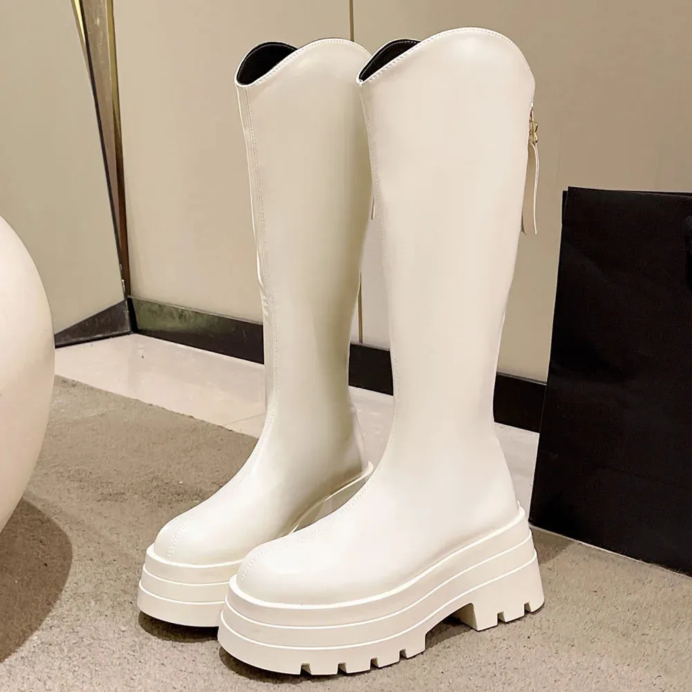 Women's Motorcycle Knee High Boots With Platform Sole, Winter Style_voghion.com