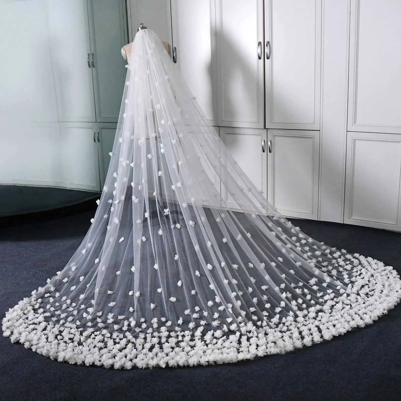 Hair Jewelry 3D Flowers Bridal Long Cathedral 1 Layer Soft Wide Veil With Comb Wedding Accessories For Bride V93_voghion.com