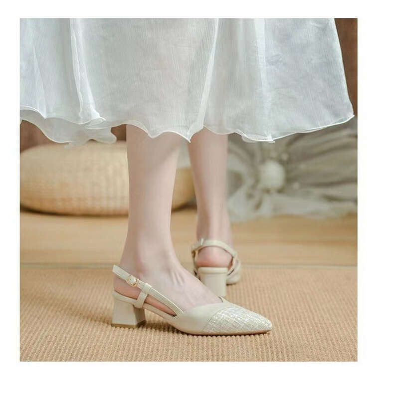 New Pointed Toe Nude Color High Heels, Not Tired Feet Summer Women's Chunky Heel Shoes_voghion.com