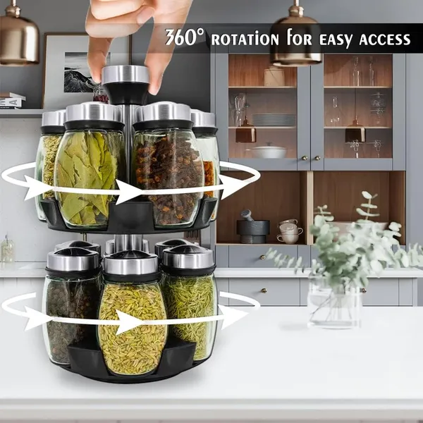 12 Glass Jar Bottles Set Revolving Spice Rack Organizer Storage For Kitchen, Spice Stand Holder, Spinning Countertop Herb And Spice Rack Organizer W_voghion.com