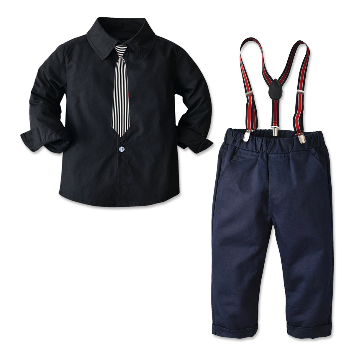 Schwarzes Hemd für Kinder, lässiger Hosenanzug, Jungen-Krawatte, formelle langärmelige Strickjacke, zweiteiliges Set_voghion.com