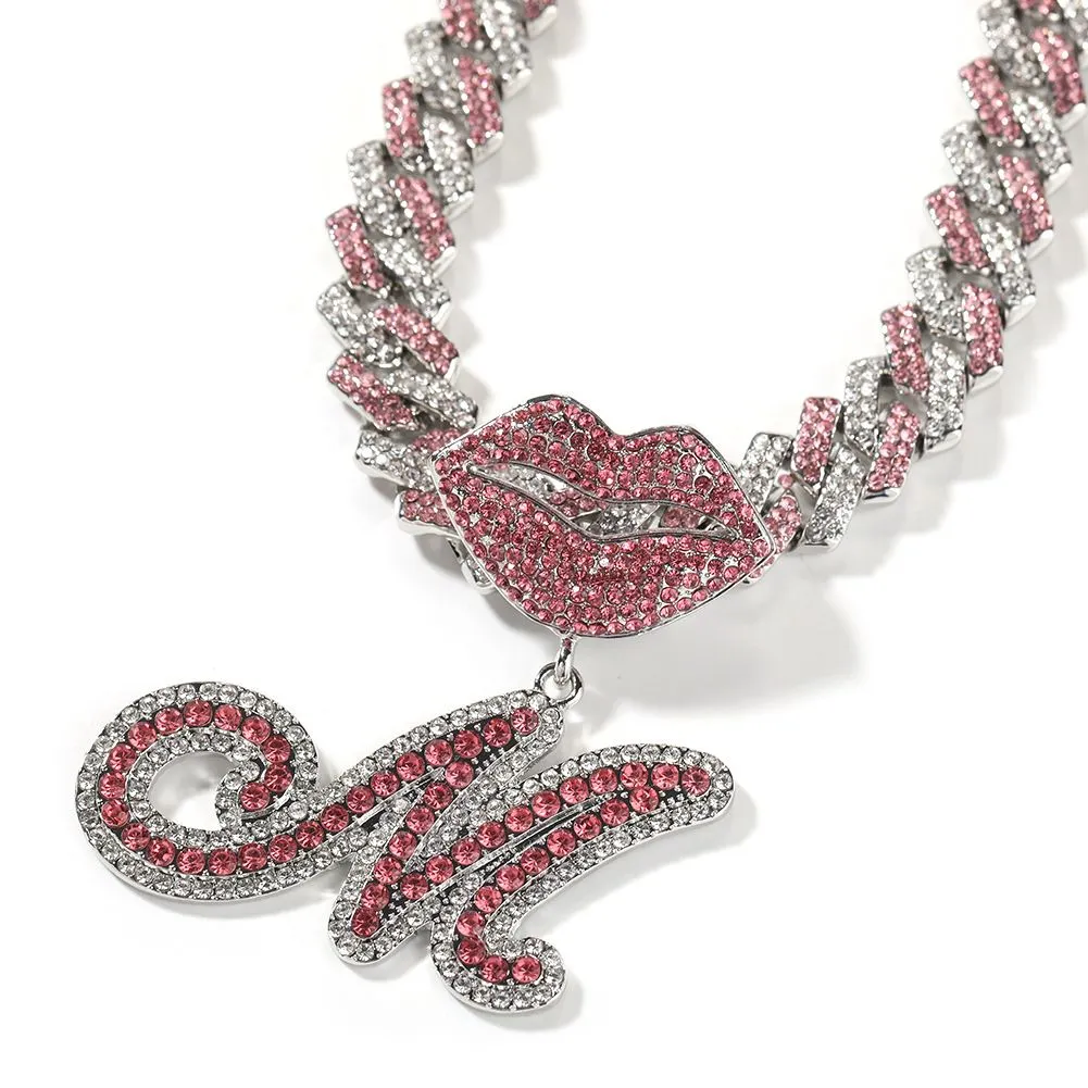 Collier avec pendentif en forme de lettre A-Z et fermoir à lèvres style hip-hop en alliage plaqué or et zircon_voghion.com