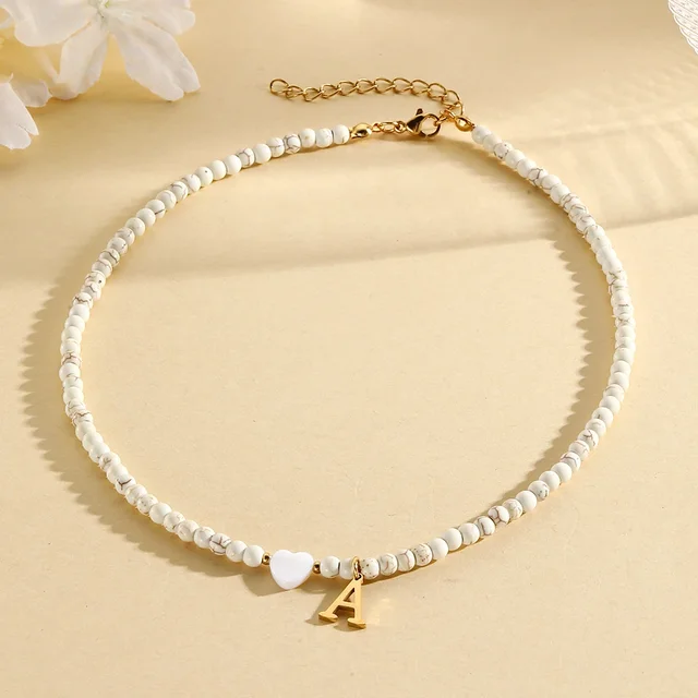 Fashion Bohemian Choker neck Initial necklaces heart-shaped shell letter pendant beads Women's stainless steel necklace woman_voghion.com