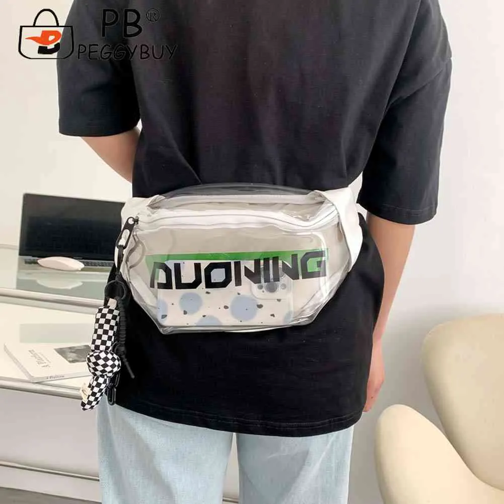 Fashion Fanny Packs Unisex Clear PVC Waist Pouch Multi-functional Letter Printed With Pendant Adjustable Buckle Strap_voghion.com