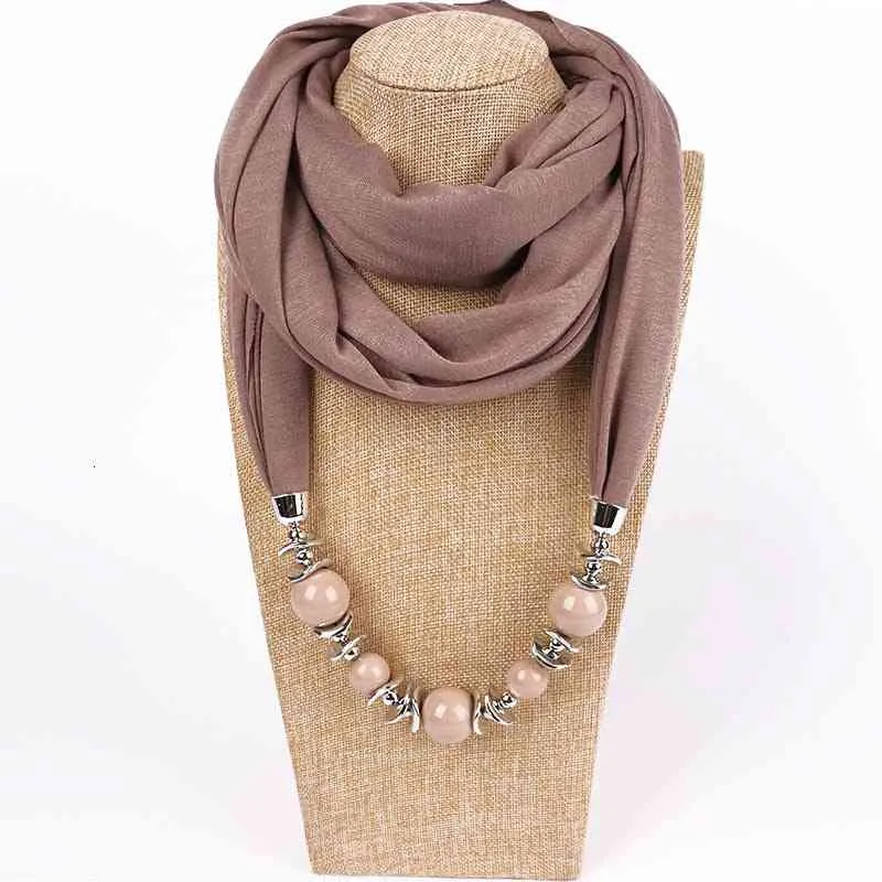 Sciarpa da donna, sciarpa con scialle, collana con ciondolo con perline, sciarpa etnica in chiffon tinta unita, con nappa_voghion.com