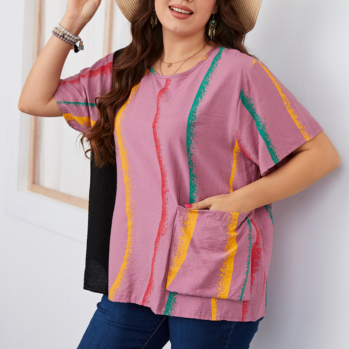Women's striped contrast color large size women's shirt slim round neck women's clothing_voghion.com
