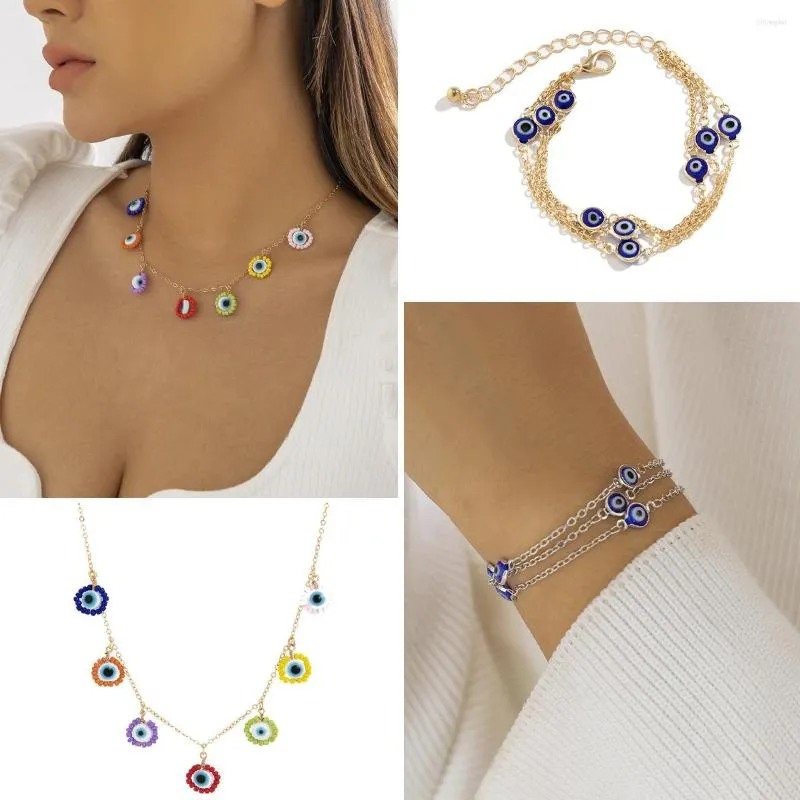 Chains Colored Rice Bead Daisy Tassel Chain Necklace For Women Simple Fashion Gold Plated Turkey Eyes Pendant 2023_voghion.com
