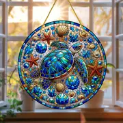 1pc 8''x8'' Round Acrylic Turtle & Starfish Suncatcher, Dyed Wreath Design. Perfect For Room/cafe/outdoor Decor. Holiday Gift Idea._voghion.com