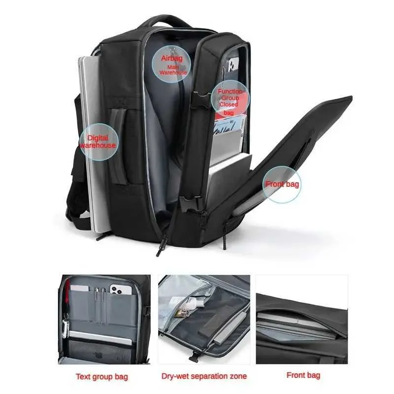 Zaino da viaggio con airbag espandibile per uomo, 16 pollici, impermeabile, per laptop, con compressione sottovuoto_voghion.com