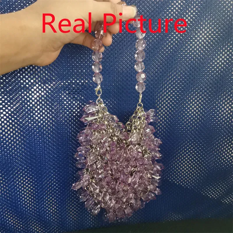 Borsa a secchiello piccola da sera in cristallo trasparente intrecciato a mano, verde, blu e giallo, fatta a mano, estiva_voghion.com