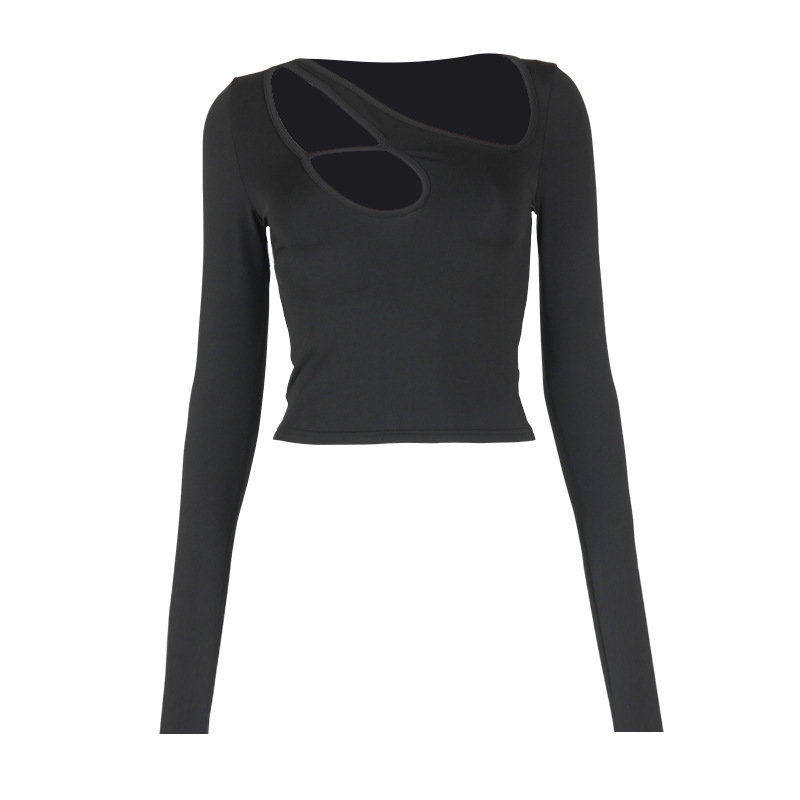 Plus Nine M20764T Winter New Irregular Hollow Diagonal Neck Long sleeved Open Navel Top for Women_voghion.com