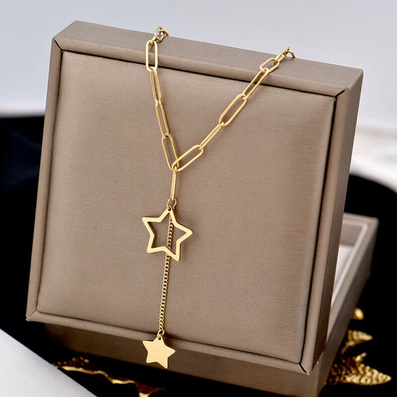 Catene 2023 Delicata Donna 14K Placcato Oro Acciaio Inossidabile Graffetta Catena Collana Stella Ciondolo Choker Nappa Collane_voghion.com