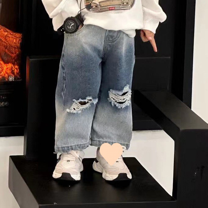 Jeans déchirés pour mères et enfants, pantalons à jambes larges et droites progressives, pour garçons et filles, tendance de la mode_voghion.com