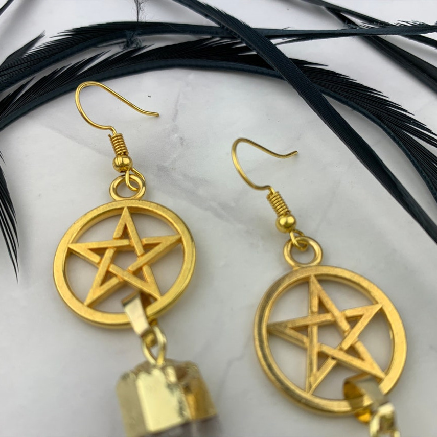 Boucles d'oreilles pendantes en cristal de quartz blanc irrégulier naturel, boucles d'oreilles créoles à pampilles, boucles d'oreilles étoile à cinq branches_voghion.com