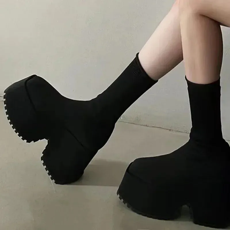 Șosete pantofi casual cu platformă ascunsă pentru femei, toamnă, tricotate, scurte, cizme cu platformă 11cm 241022_voghion.com