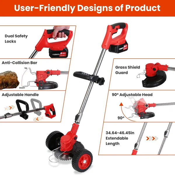 Electric Cordless Grass Trimmer With Wheels, Adjustable Head, Extendable Handle, Rechargeable, 2500mAh Batteries_voghion.com
