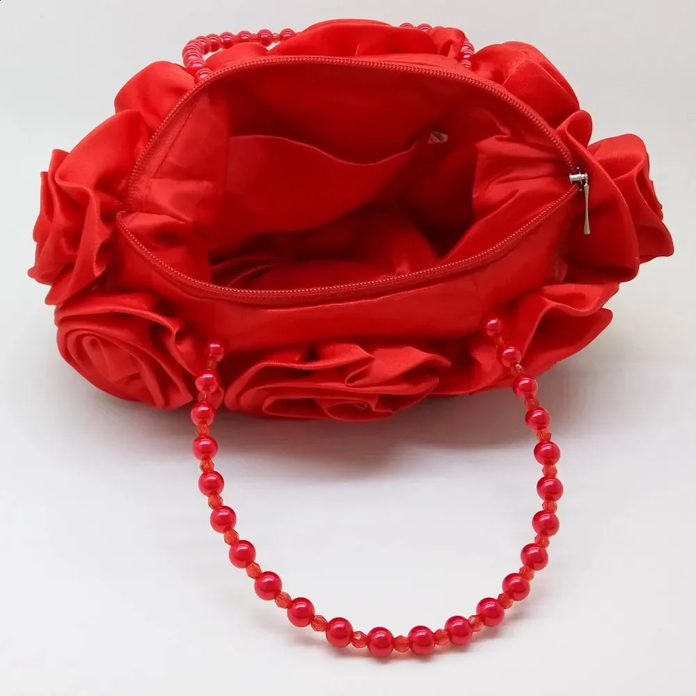 Boutique De FGG Red wer Rose Bush Donna Borsa da sera in raso con manico in perline Borsa da sposa Borsa da sposa Clutch 240726_voghion.com