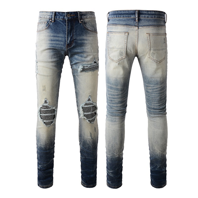 Men’s Clothing Cat Whisker Wrinkled Diamond Patch Ripped Elastic Slim Fit Skinny Jeans