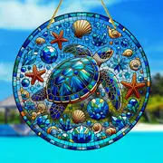 1pc 8''x8'' Round Acrylic Turtle & Starfish Suncatcher, Dyed Wreath Design. Perfect For Room/cafe/outdoor Decor. Holiday Gift Idea._voghion.com