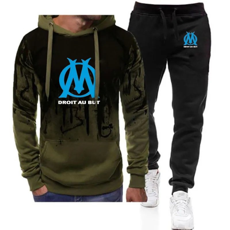 Trainingsanzüge für Herren DROIT AU BUT Marseille 2023Herren Langarm-Kapuzenpullover mit Farbverlauf, Freizeitjacke, Sportmantel, Hose_voghion.com