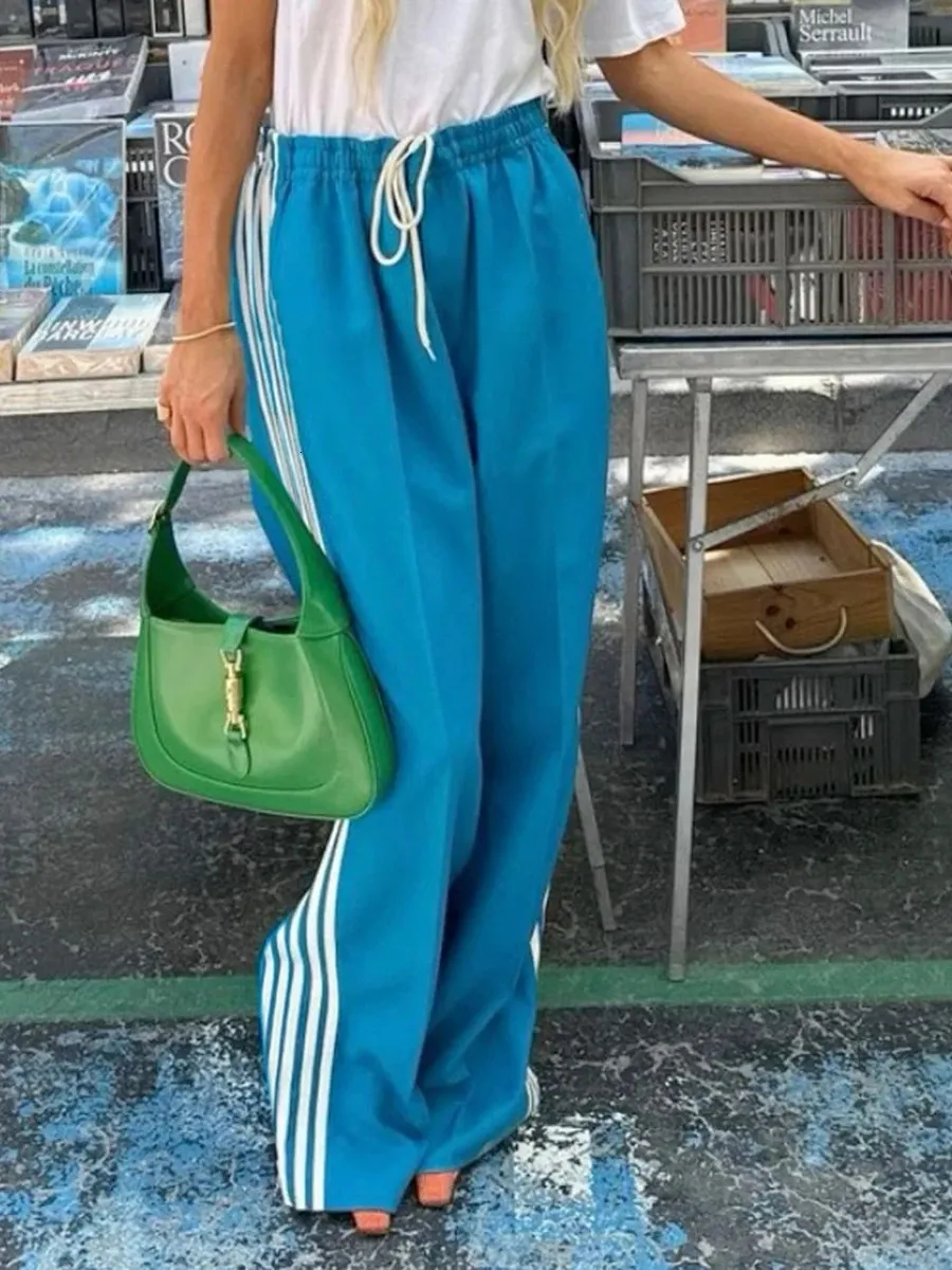 Women Y2k Wide Leg Track Pants Baggy Side Striped Joggers Sweatpants Elastic Waist Color Block Parachute With Pockets_voghion.com