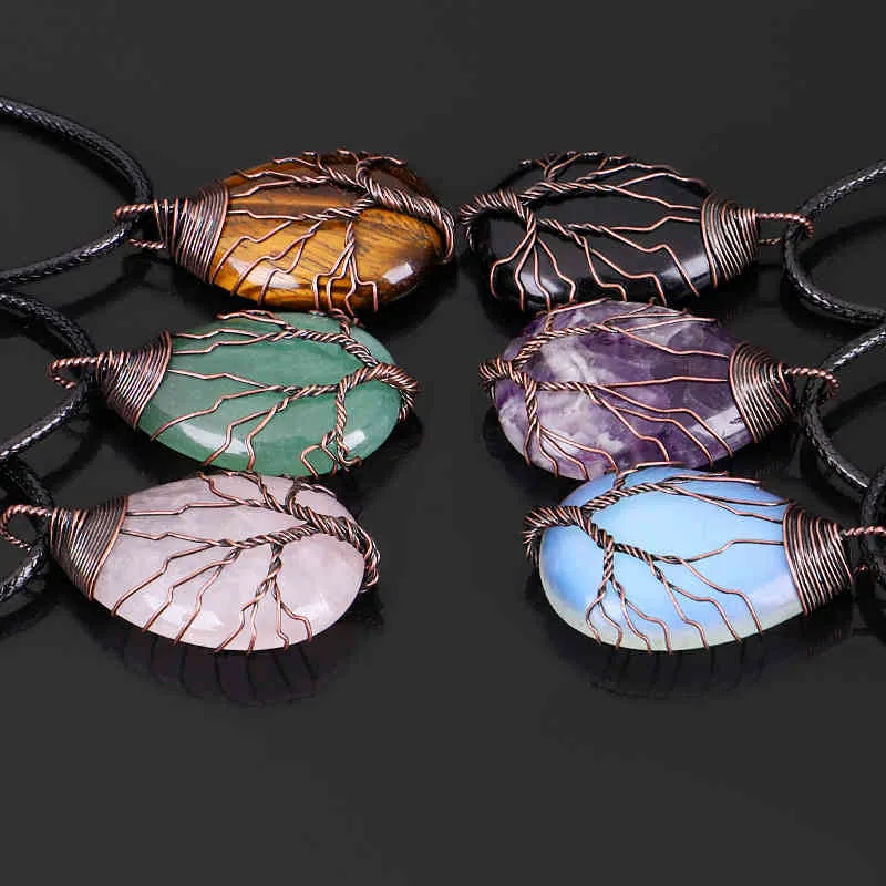 Natuursteen Crystal Drop-vormige Draad Wond Lucky Tree Hanger Ketting Vrouwen Romantische Sieraden Choker Vriendin_voghion.com