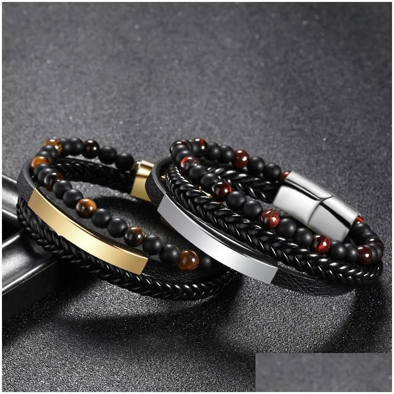 Multilayer Braided Leather Wrap Stone Lava Tiger Eye Natural Gemstone Bracelet Magnetic Clasp Bangle Cuff Wristband Drop_voghion.com