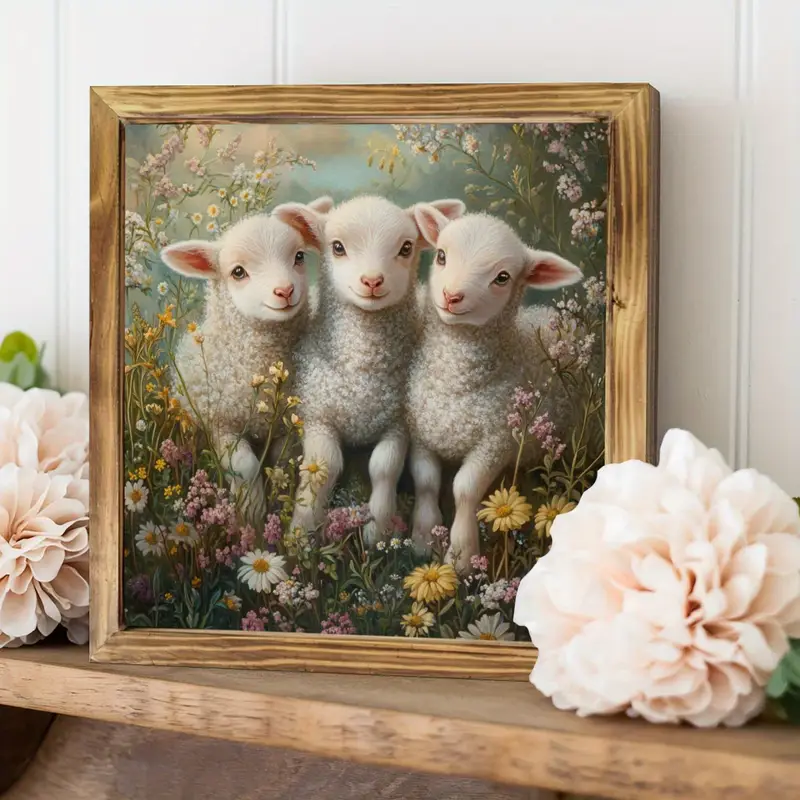 Panneau en bois vintage 8 x 8 pouces avec agneaux et fleurs – Décoration murale rustique encadrée pour cuisine, chambre, bureau – Cadeau idéal pour Pâques ou une pendaison de crémaillère_voghion.com