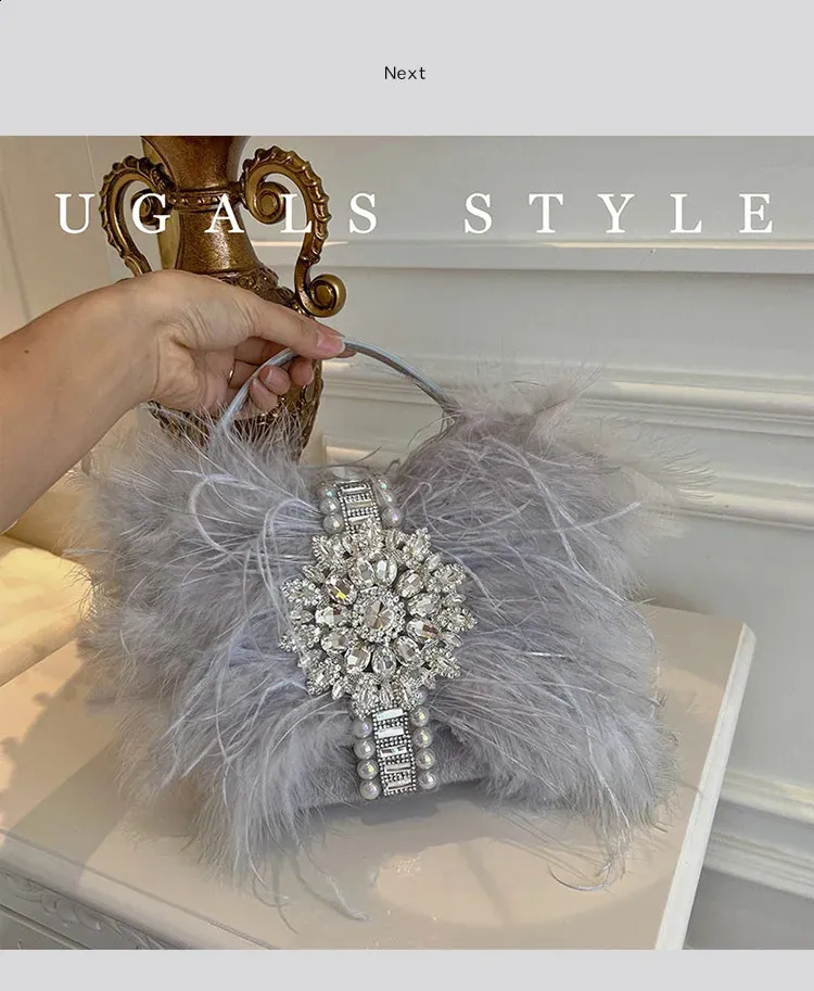 Ostrich Feather Evening Bag With Pearl Details For Women Party_voghion.com