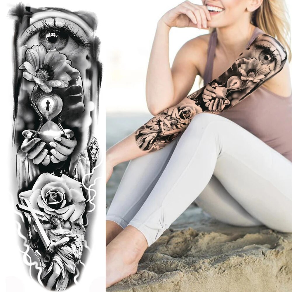 Autocol de tatuaje temporare complete sexy pentru braț pentru femei, bărbați, adulți, pistol, călugăriță, mâneci de tatuaj realiste, mari_voghion.com