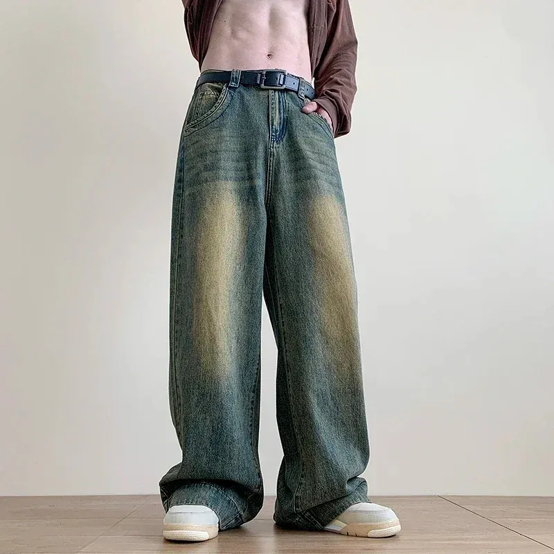 Moške kavbojke Y2K moške korejske priložnostne grunge modre cargo hlače vrečaste vintage ulične modre široke hlače iz pranega jeansa, prevelike_voghion.com